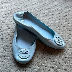 Tory Burch Minnie Travel Ballet Flat Pale Aqua Patent Leather Logo 10.5